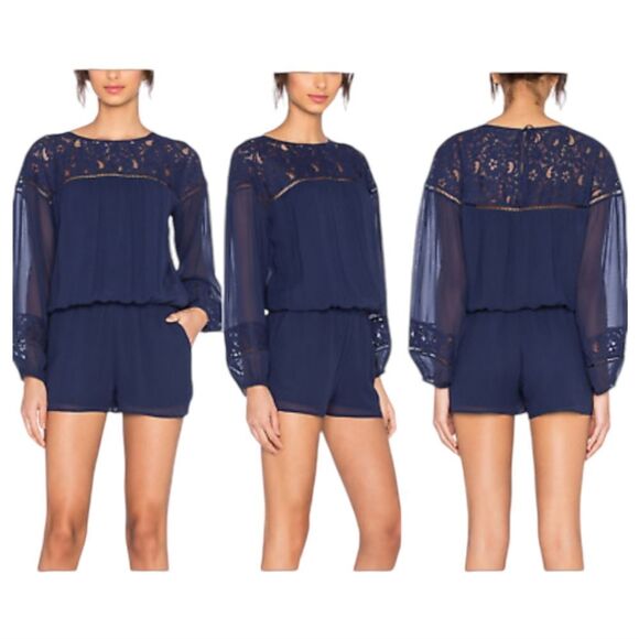 Joie Navy Jevin Silk Romper Pockets Long Sheer Sleeves Floral Lace Short Jumper - Picture 2 of 15